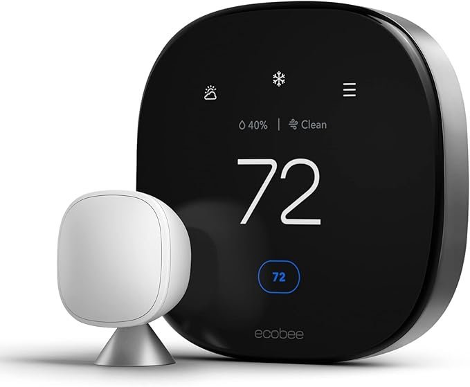 Ecobee smart thermostat with a room sensor, displaying a temperature of 72 degrees.