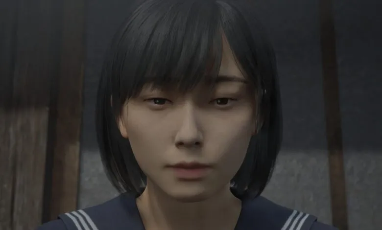 Close-up portrait of a young woman with dark hair, wearing a school uniform, against a blurred wooden background.