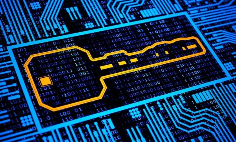 Digital key icon on a circuit board background with binary code, representing cybersecurity or data encryption.