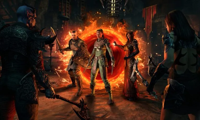 Fantasy characters face off near a fiery portal in a dark, dungeon-like setting.