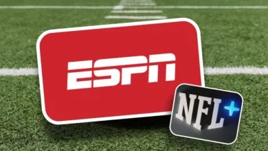 ESPN and NFL+ logos on a football field background. Streaming partnership.