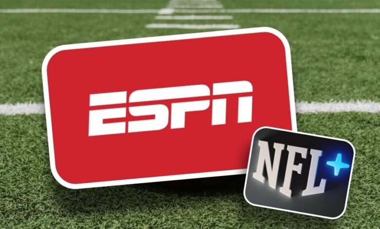 ESPN and NFL+ logos on a football field background. Streaming partnership.