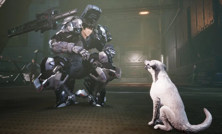 A futuristic soldier in powered armor kneels, facing a white dog in a dimly lit industrial setting.