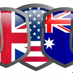 Three shields displaying the flags of the UK, USA, and Australia.