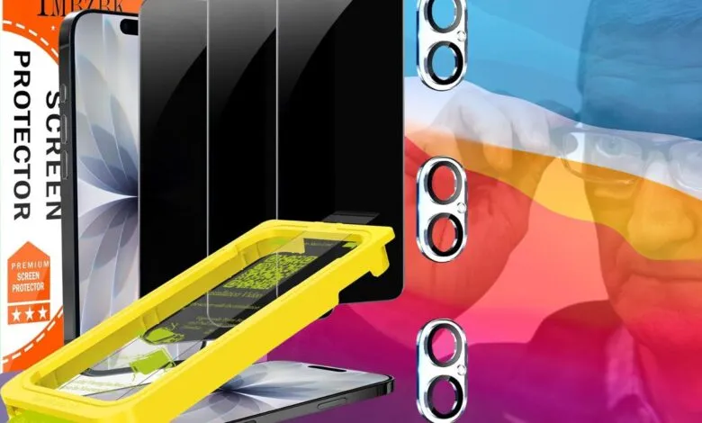 Smartphone screen protector installation kit with yellow guide, screen and camera protectors.