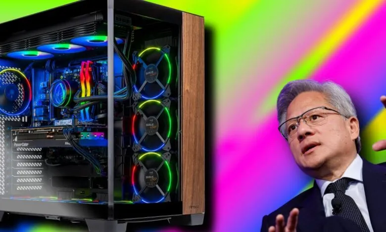 Nvidia CEO Jensen Huang next to a high-performance gaming PC with RGB lighting.
