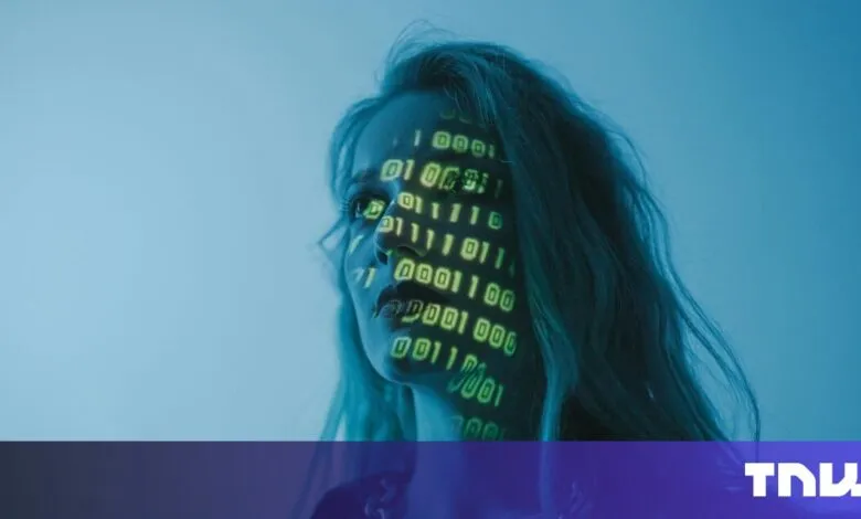 Woman's face overlaid with binary code, set against a blue background. A futuristic, digital concept.
