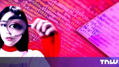Woman examines code through magnifying glass, vibrant pink and purple hues.