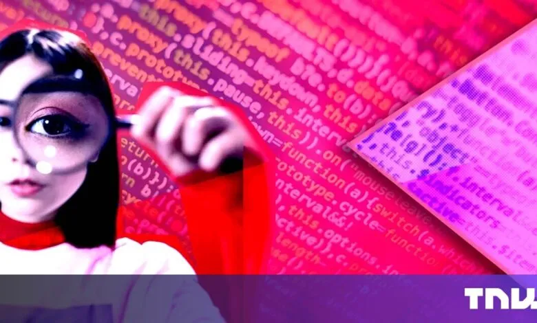 Woman examines code through magnifying glass, vibrant pink and purple hues.