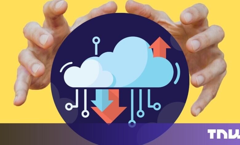 Hands reaching for a cloud computing icon with upload and download arrows, symbolizing data access.