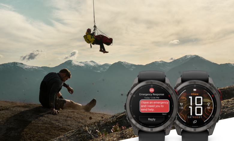 Garmin Fenix 8 Pro smartwatch displays an SOS message, showing its emergency response feature. A hiker is seen being rescued in the background.