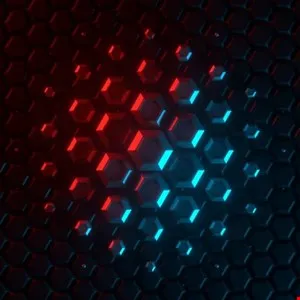 Abstract 3D rendering of glowing red and blue hexagons forming a sphere on a dark hexagonal background.