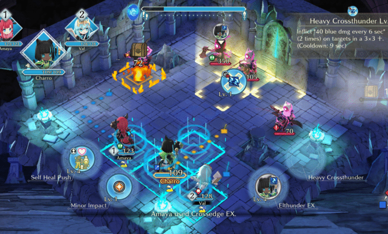 Turn-based tactical RPG battle screen with anime-style characters and glowing blue grid.