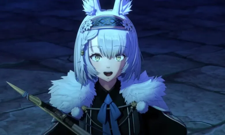 Anime character with white hair and bunny ears, holding a spear.