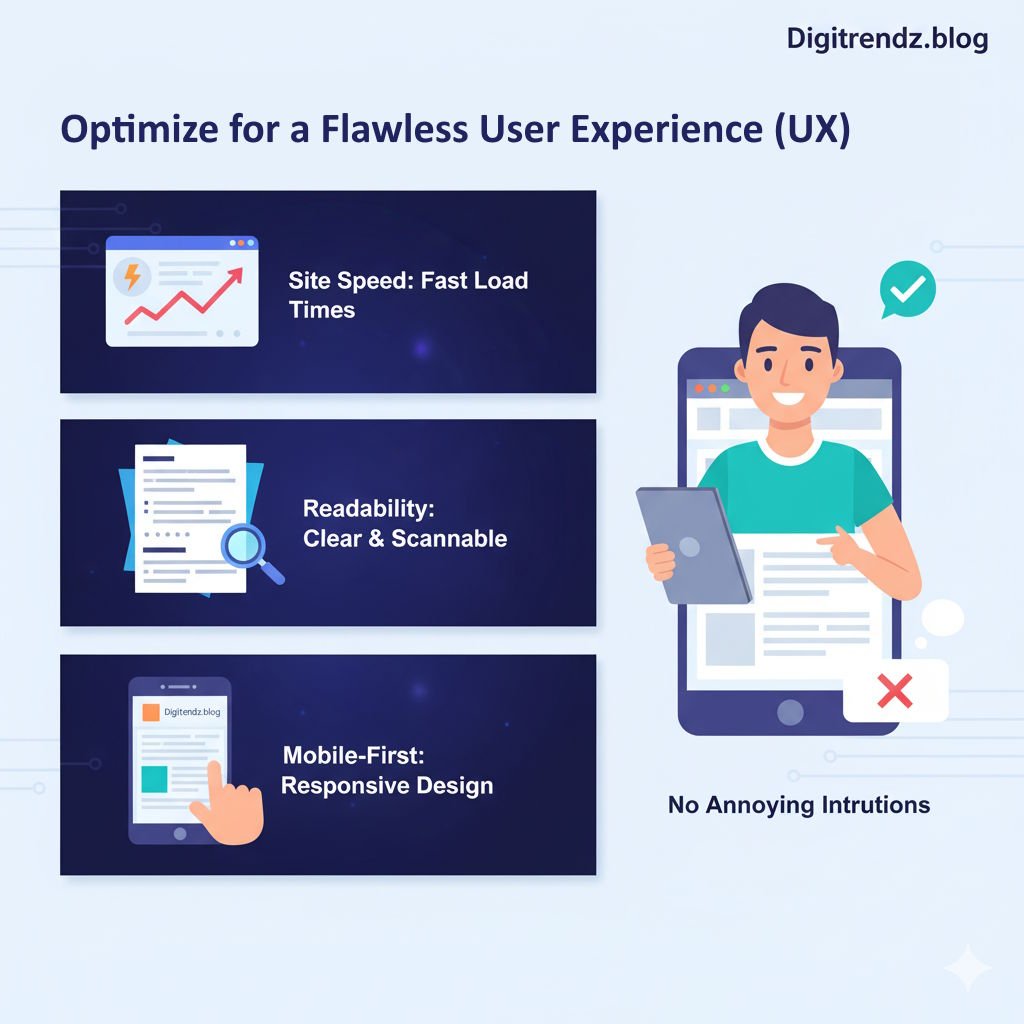 Illustration showing key UX factors: fast load times, clear readability, and responsive design for a positive user experience.