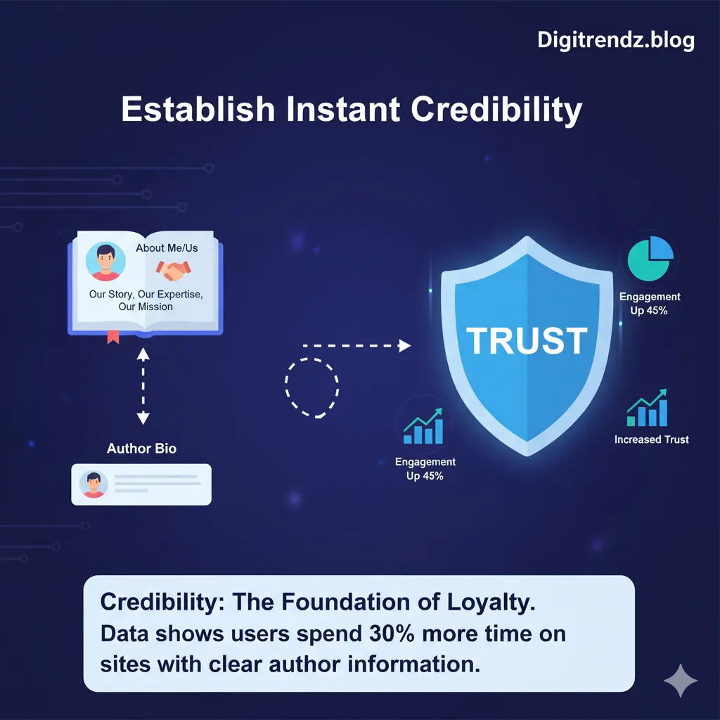 Graphic showing how author bios build trust and increase engagement (45%). Data shows users spend 30% more time on sites with clear author info.