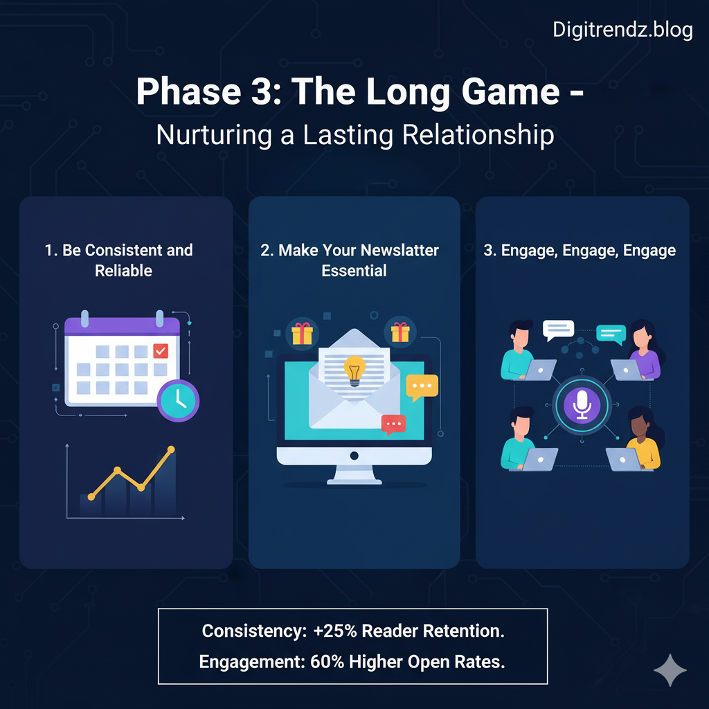 Infographic: 3 phases for building lasting customer relationships through consistent newsletters and high engagement.