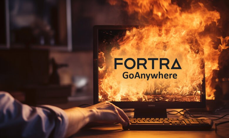 A computer monitor displaying the Fortra GoAnywhere logo engulfed in flames.