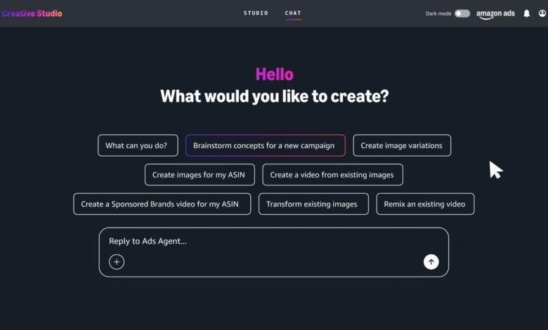 Amazon Ads Creative Studio interface with options for ad creation and campaign brainstorming.