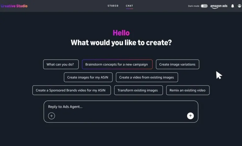 Amazon Ads Creative Studio interface with options for ad creation and campaign brainstorming.