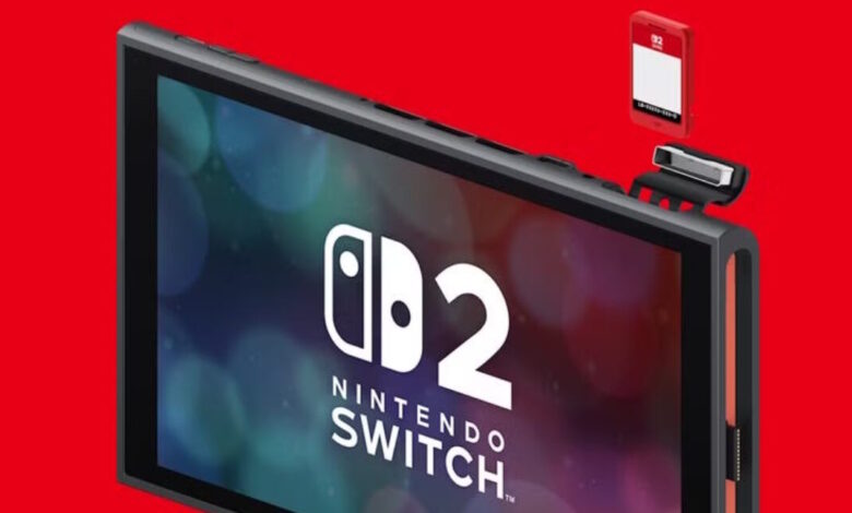 Nintendo Switch OLED model with a microSD card being inserted. The console is shown against a red background.