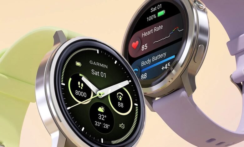Two Garmin Venu 4 smartwatches, one with a light green band and the other with a lavender band, showcasing their features and displays.
