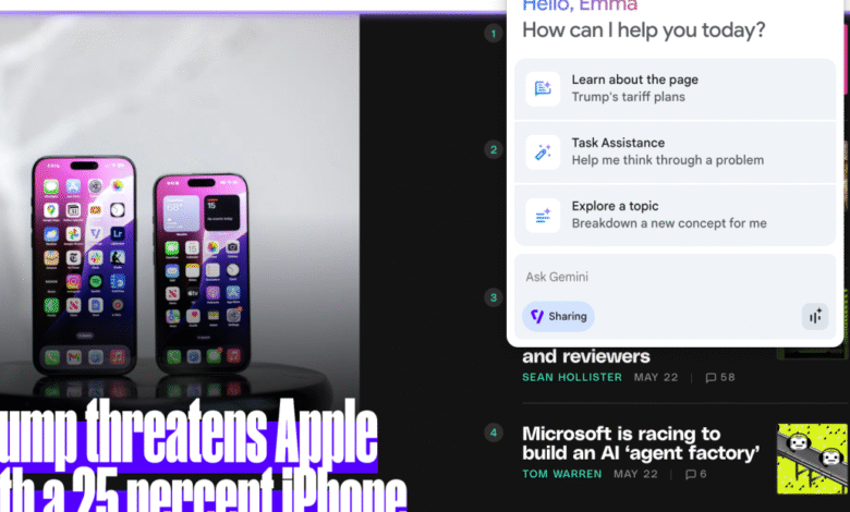 Two iPhones displayed alongside a news headline about Trump's threat to Apple with a 25% tariff, shown on a Google Gemini AI interface.