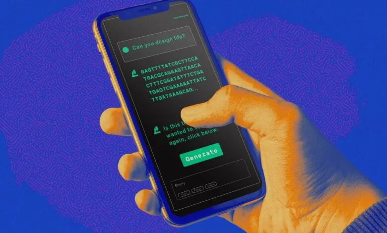 Hand holding smartphone displaying a DNA sequence generator app, asking 'Can you design life?', with a 'Generate' button.