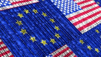 US and EU flags overlaid with binary code, symbolizing transatlantic data flow.