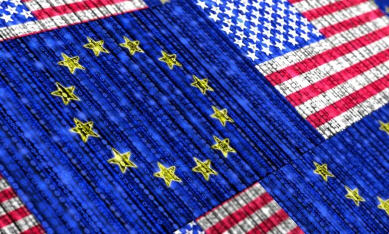 US and EU flags overlaid with binary code, symbolizing transatlantic data flow.