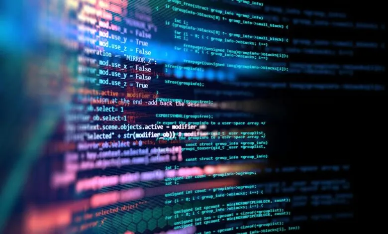 Abstract digital code with glowing blue and pink text on a dark background.