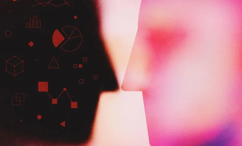 Abstract profile silhouettes of two heads, one dark with data graphics, the other light pink.