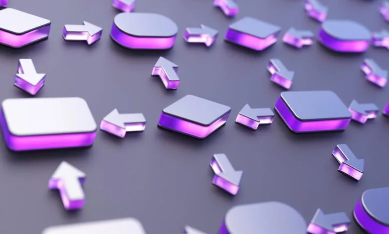 3D rendering of abstract shapes and arrows with purple glowing edges on a dark background.