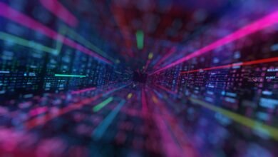 Abstract digital tunnel with glowing lines and data streams in neon colors.