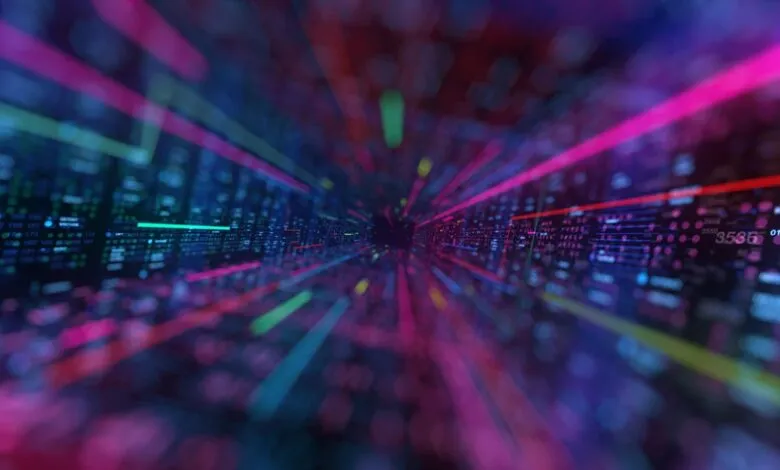 Abstract digital tunnel with glowing neon lines and data streams.