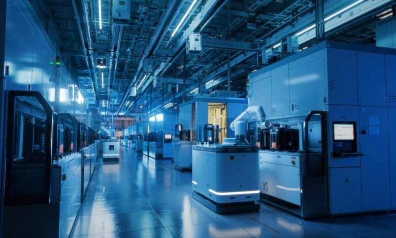 Automated robotic arm in a high-tech factory, moving parts between advanced machinery under cool blue lighting.