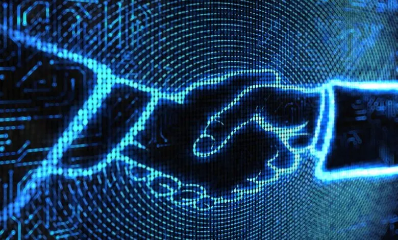 Abstract digital handshake with glowing blue circuit board patterns