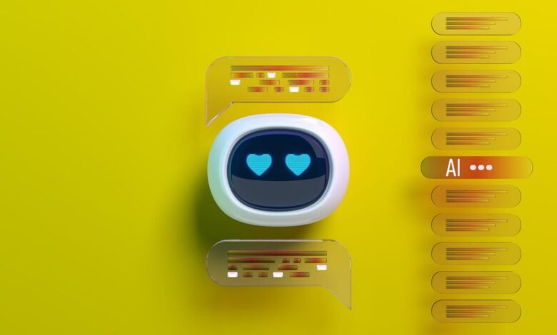 AI chatbot with heart eyes, engaging in a conversation shown by chat bubbles on a yellow background.
