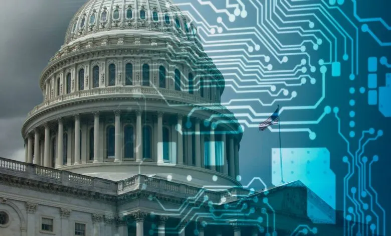US Capitol building overlaid with a circuit board pattern, symbolizing technology's role in government.