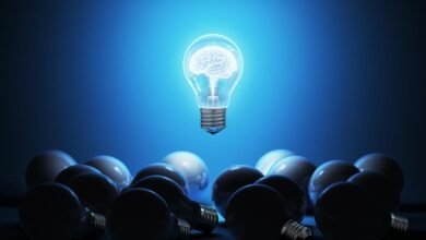 A single lightbulb with a brain inside glows brightly above a group of dark lightbulbs.