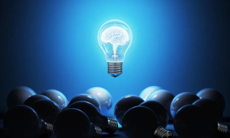 A single lightbulb with a brain inside glows brightly above a group of dark lightbulbs.