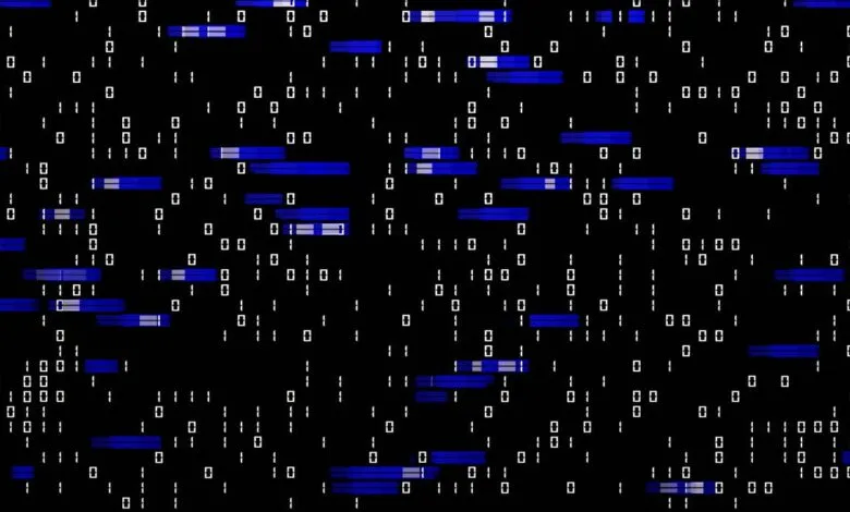 Abstract digital background with blue and white binary code on black.