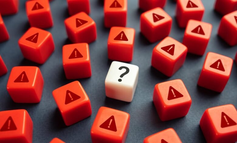 A single white cube with a question mark sits among many red cubes with exclamation points, symbolizing uncertainty amidst warnings.