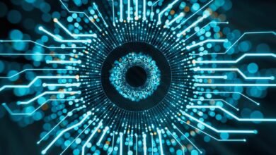 Abstract digital art depicting a glowing blue circuit board pattern resembling an eye.