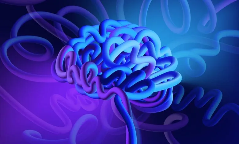 Abstract brain illustration with vibrant blue and purple 3D tubes, representing neural connections or complex thinking.