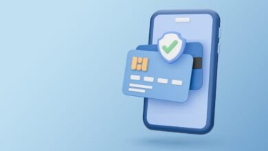 Secure online payment: 3D illustration of a credit card and shield on a smartphone, symbolizing secure mobile transactions.