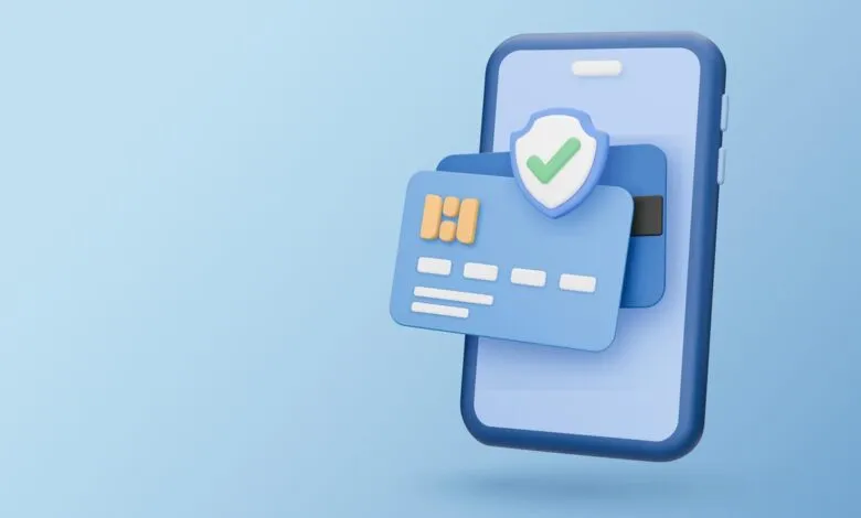 Secure online payment: 3D illustration of a credit card and shield on a smartphone, symbolizing secure mobile transactions.