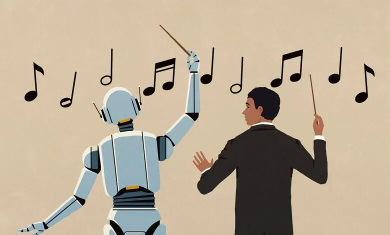 Robot and conductor collaborate, musical notes float between them.