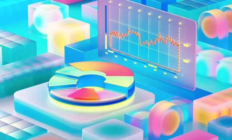 Abstract 3D visualization of data charts and geometric shapes in vibrant blue and pink hues.