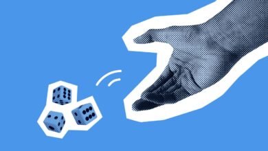 Hand throws three blue dice against a blue background. Abstract art style.